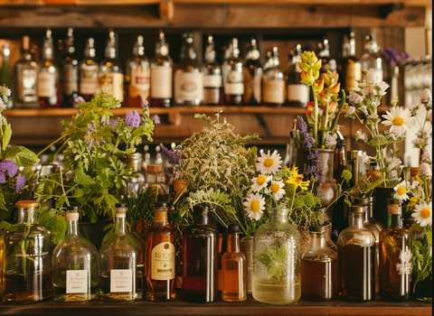 flowers in herbs in bottles